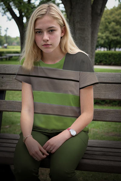 Photo of a girl wearing clothes that blend in with the background