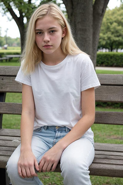 Photo of a girl wearing a white t-shirt and jeans sitting on a park bench