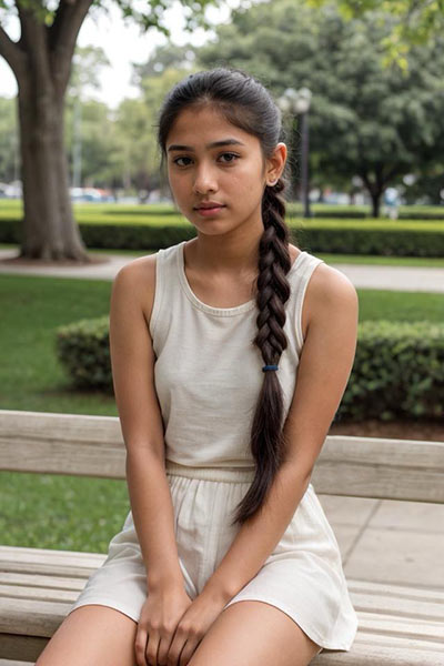 Photo of a girl wearing a cream colored t-shirt and shorts sitting on a park bench