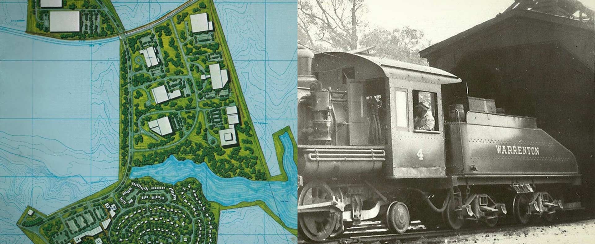 Black and white photo of a train and an illustrated map in color